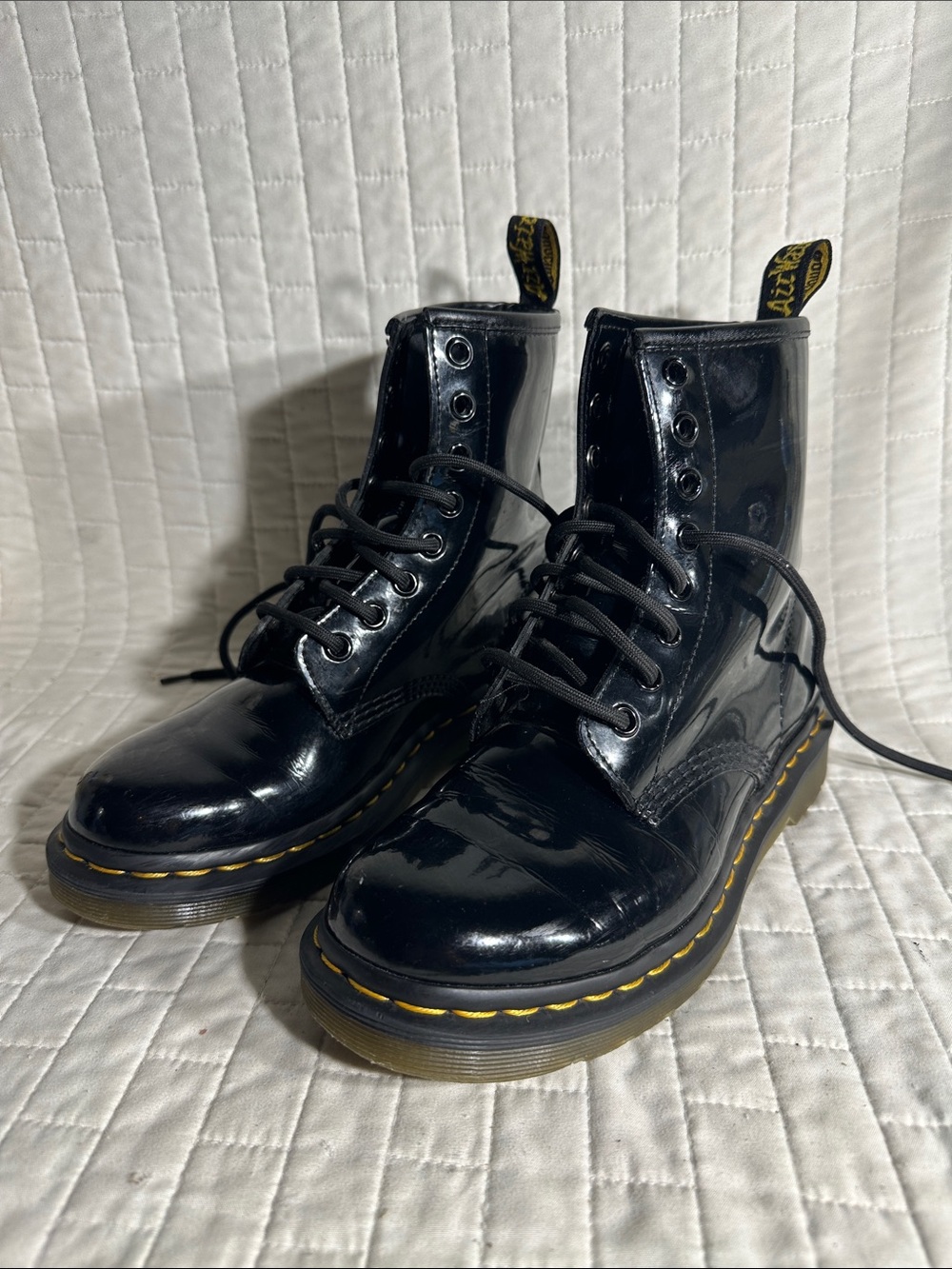 Dr. Martens Black Patent Lace-Up Boots with Yellow Stitching
